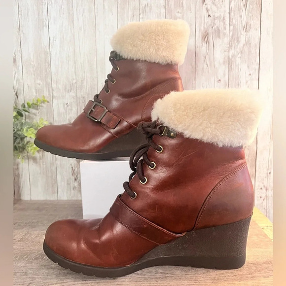 UGG Shoes - UGG Janney Leather and Sheepskin Leather Lace Up Wedge Boots with Fur Accent